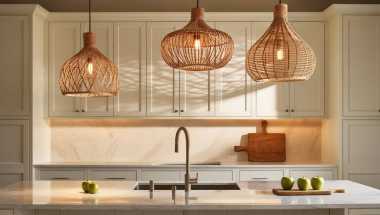 Over a kitchen island, pendant lights made of woven rattan hang, casting intricate patterns of light and shadow on the countertops below.