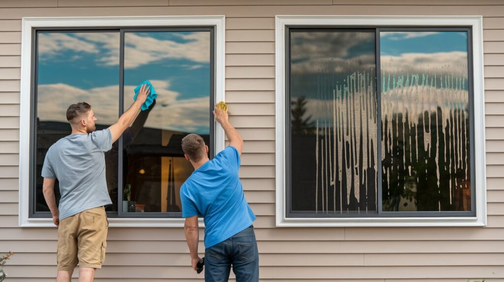 Cleaning a tinted window using a microfiber cloth to ensure proper maintenance and prevent streaks