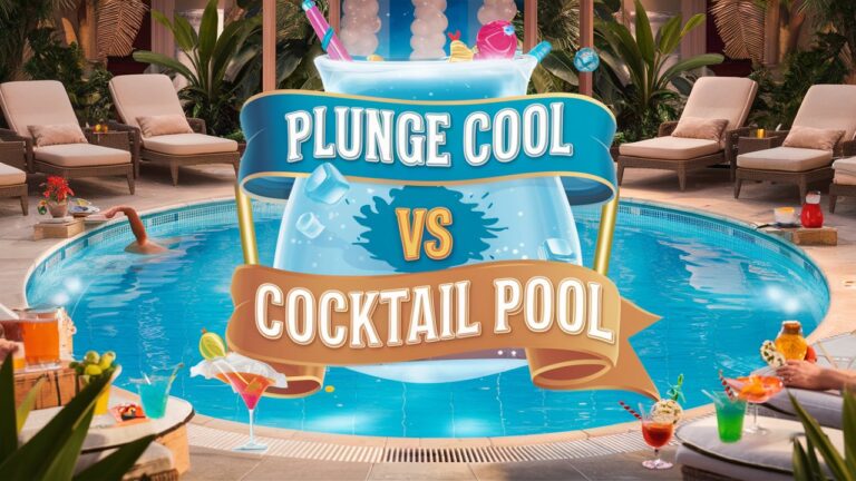 Comparison image of a plunge pool vs cocktail pool, showcasing key features, size differences, and ideal uses for small backyard spaces.