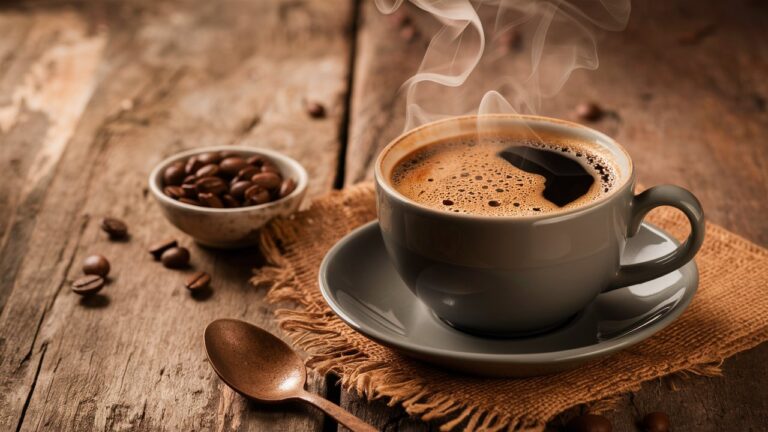 A close-up shot of a steaming cup of coffee on a wooden table, with a small bowl of coffee beans and a spoon nearby. The steam rising from the cup adds warmth to the image, inviting viewers to imagine the rich aroma and taste. The setting is cozy and rustic, perfect for a morning coffee ritual.