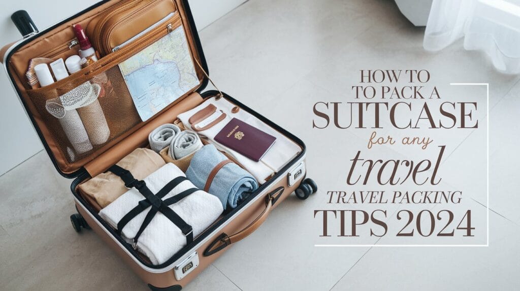 Open suitcase neatly packed with rolled clothes, toiletries, a passport, and a map, set against a clean, modern background. The image includes a text overlay that reads 'How to Pack a Suitcase for Any Trip: Travel Packing Tips 2024.