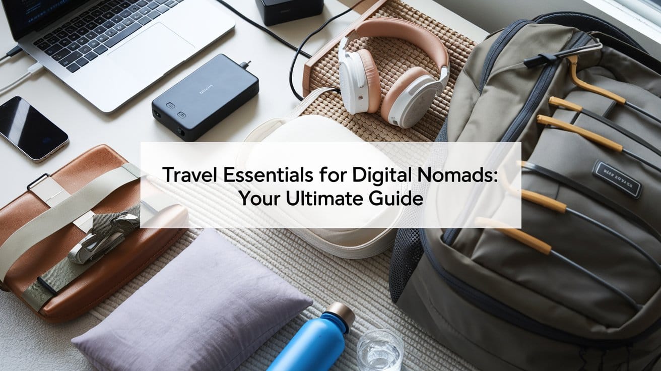 Create an image featuring a digital nomad’s essential travel items. Include a laptop, portable charger, noise-canceling headphones, a travel adapter, a versatile backpack, a compact travel pillow, and a reusable water bottle. Arrange these items in a well-organized, aesthetically pleasing layout. Use a clean background and natural lighting to highlight the practicality and convenience of each item. with overlay text Travel Essentials For Digital Nomads: Your Ultimate Guide