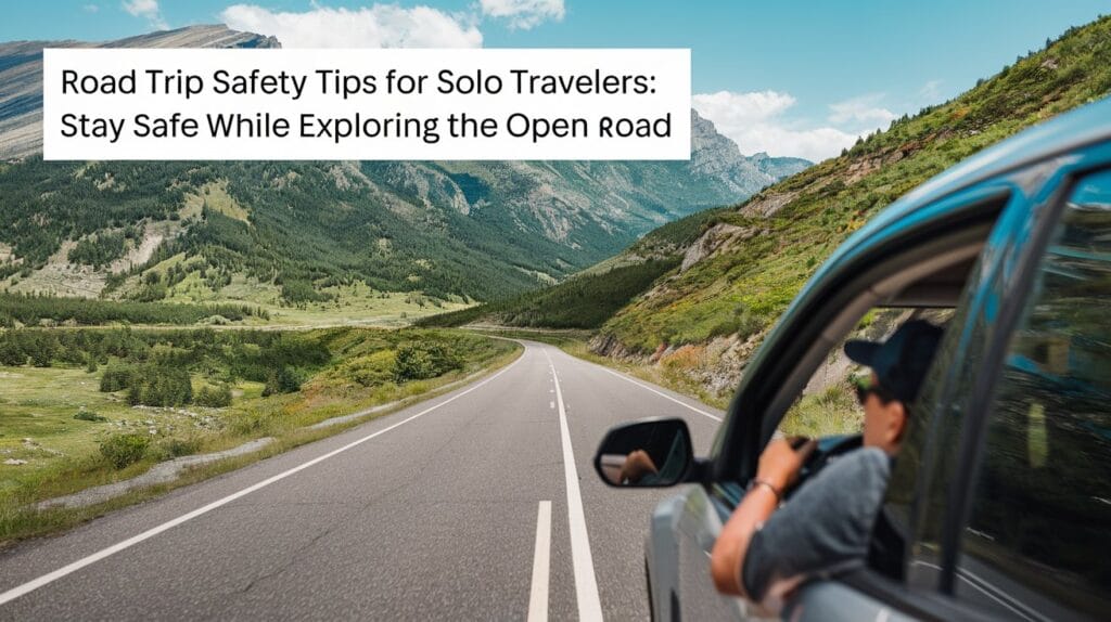 A photo of a scenic road trip with a solo traveler driving a car. The car is driving through a mountainous region with lush greenery and clear blue skies. The road is winding and the traveler is miles away from the nearest town. Overlay text says "Road Trip Safety Tips for Solo Travelers: Stay Safe While Exploring the Open Road".