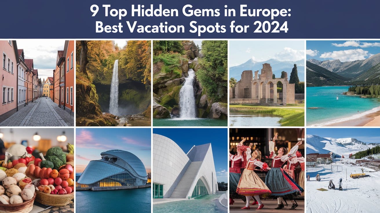 An infographic with the text "9 Top Hidden Gems in Europe: Best Vacation Spots for 2024". Below the text are images of nine European locations. The first image is of a quaint town with cobblestone streets and pastel-colored buildings. The second image is of a waterfall surrounded by lush greenery. The third image is of a historical site with ancient ruins. The fourth image is of a scenic view of a lake with mountains in the background. The fifth image is of a modern architectural marvel. The sixth image is of a cultural event with traditional dancers. The seventh image is of a beach with turquoise water and soft sand. The eighth image is of a food market with fresh produce. The ninth image is of a ski resort with snow-covered mountains.