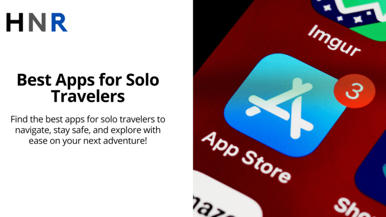 A photo of a smartphone displaying a list of the best apps for solo travelers. There are several app icons on the screen, including a globe with a pin in it, a passport, a compass, and a camera. The background is a serene landscape with mountains, trees, and a body of water.