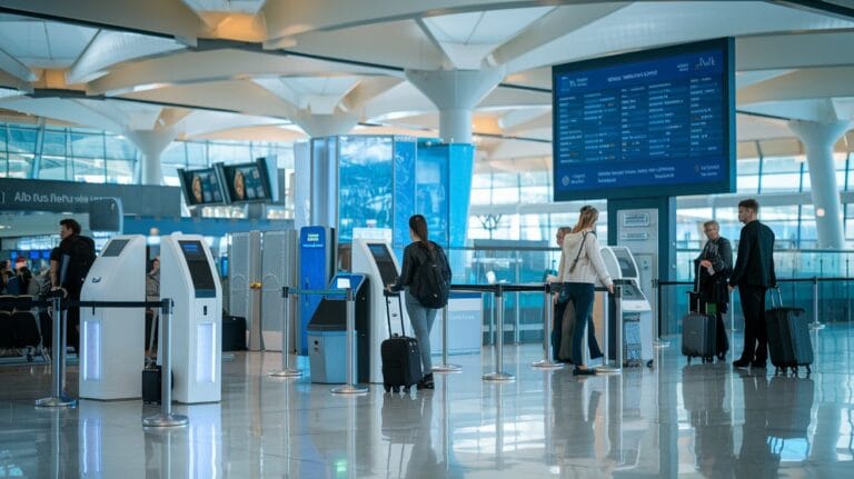 Create an image that shows advanced safety and security technology in travel. The scene should feature a modern airport terminal with travelers passing through various high-tech security checkpoints. Include elements like facial recognition cameras, biometric scanners, and digital boarding pass kiosks. Show smart luggage with embedded tracking devices, along with a large, interactive digital display that provides real-time security updates. The overall vibe should feel futuristic and efficient, with a sleek, modern design in a well-lit, clean environment.