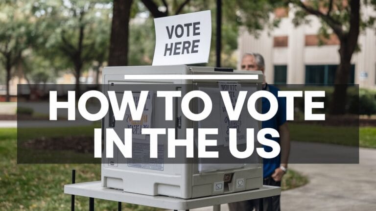 A photo of a polling booth with a voting machine. There's a sign above the booth that says "Vote Here". There's a man standing outside the booth. The background has trees and a building. The image is overlaid with text that says "How to Vote in the US".