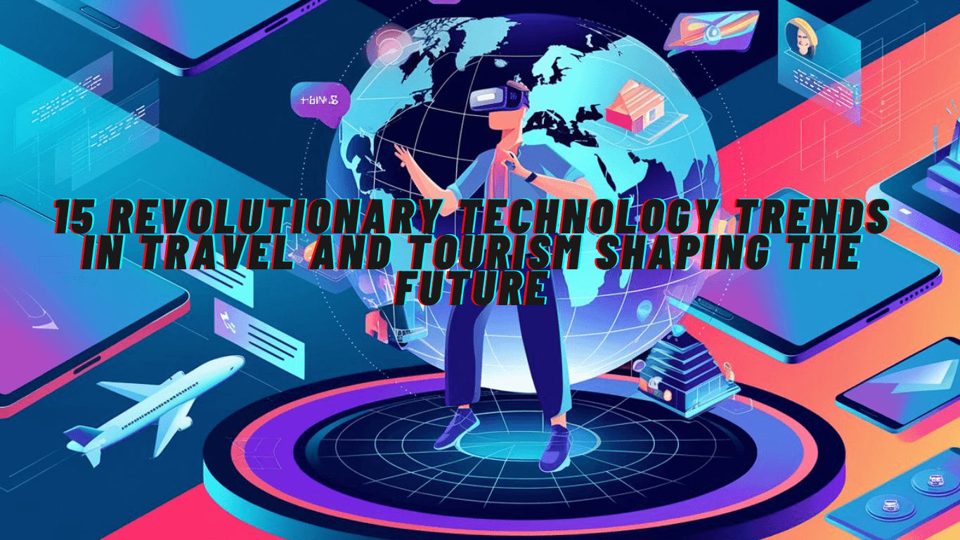 An innovative, futuristic collage representing technology trends in travel and tourism. Include elements like AI chatbots, virtual reality headsets, augmented reality overlays of famous landmarks, a digital globe with travel icons, and smart devices like smartphones and tablets. The design should showcase modern advancements in transportation, hotels, and customer service, with a blend of high-tech aesthetics and vibrant, travel-inspired imagery. The overall tone should convey innovation and connectivity in the travel industry.