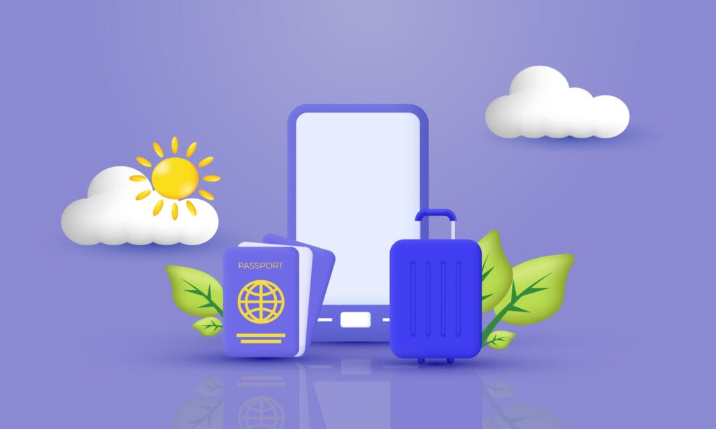 a phone and passport with leaves and a sun
sustainable travel technology